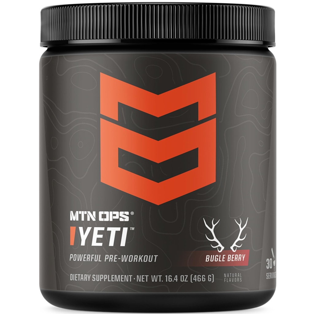 MTN OPS Yeti Predworkout Powder Energy Drink with Creatine, 200mg Kofein & BCAAs with Beta Alanine, 30-serving Tub, Bugle Berry