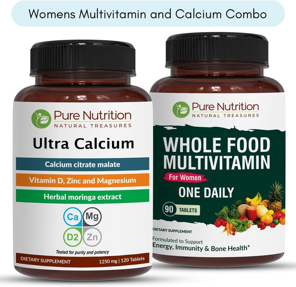 Pure Nutrition Ultra Calcium 1000mg in Cela hrana Ženske Multivitamins 1500mg za zdrave kosti, sklepov in splošno Wellness. Ultra kalcij 120 Tabs + ženske multivitamine 90 Tabs.