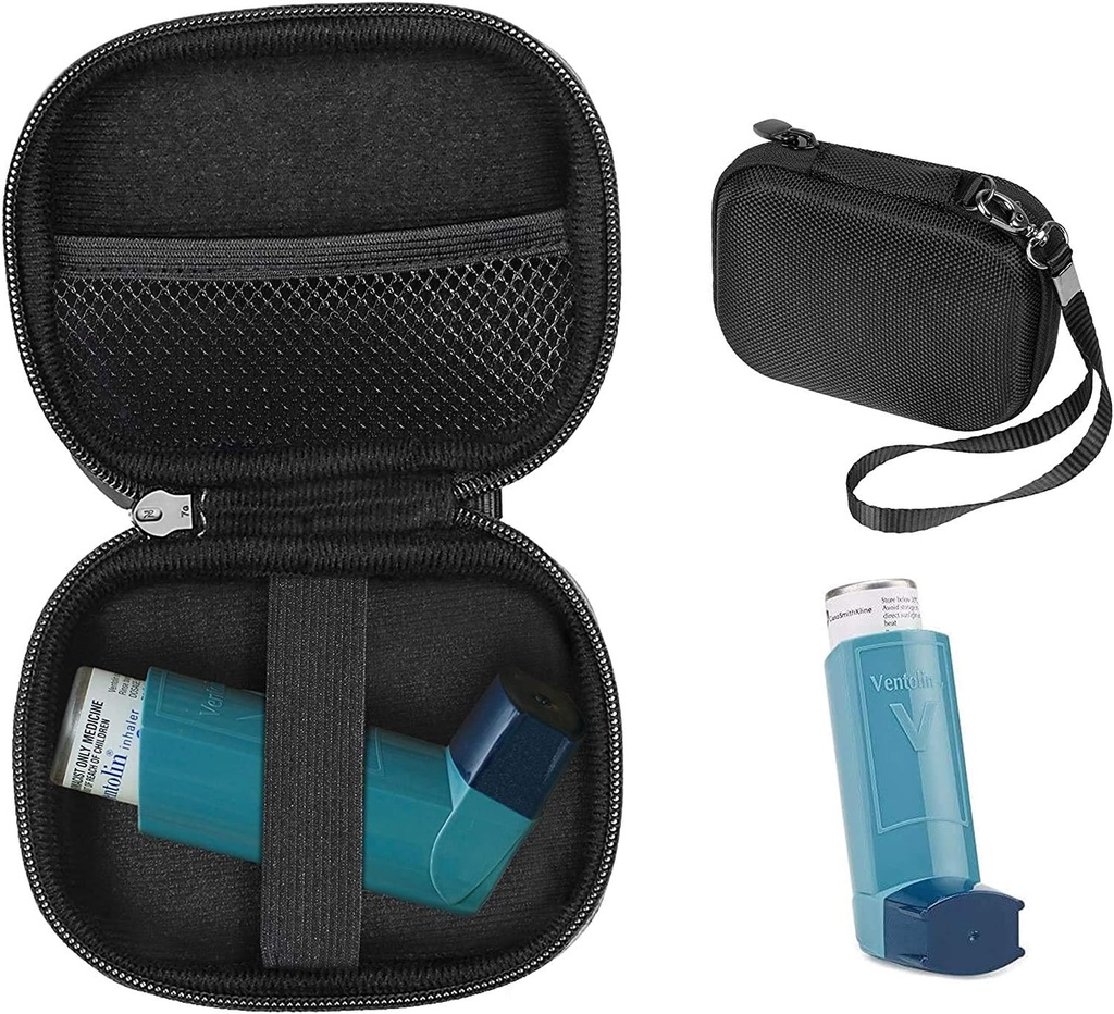 Primer Sack Asthma Inhaler Holder, Compact in Sturdy primer za Handy Inhaler za odrasle in otroke, s prostori za tablete in druge bistvene snovi (črna)