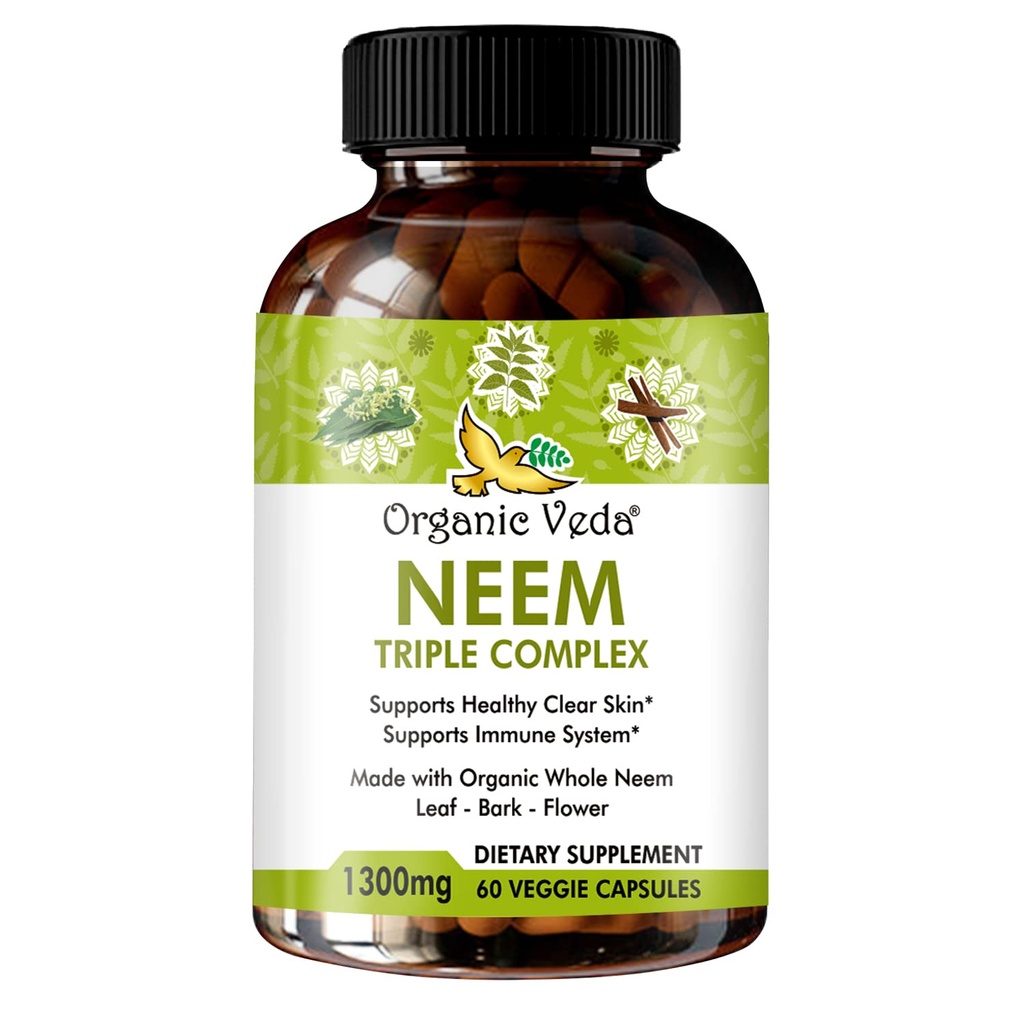 Organske Veda Neem kapsule s Triple Complex Neem Leaf Extract, Bark & Flower - Zeliščni dodatek poveča imuniteto, izboljša prebavo, zdravje kože in podporo čiščenje - 60 Count