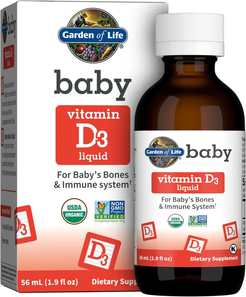 Vrt življenja Baby Vitamin D3 Tekoči, 600 i.e. (15 mcg) Organski tekoči vitamin D za dojenčke in malčke, Podpora za otroške kosti in imunski sistem, Gluten Free & Non-GMO, 56 ml (1,9 fl oz) Tekoči