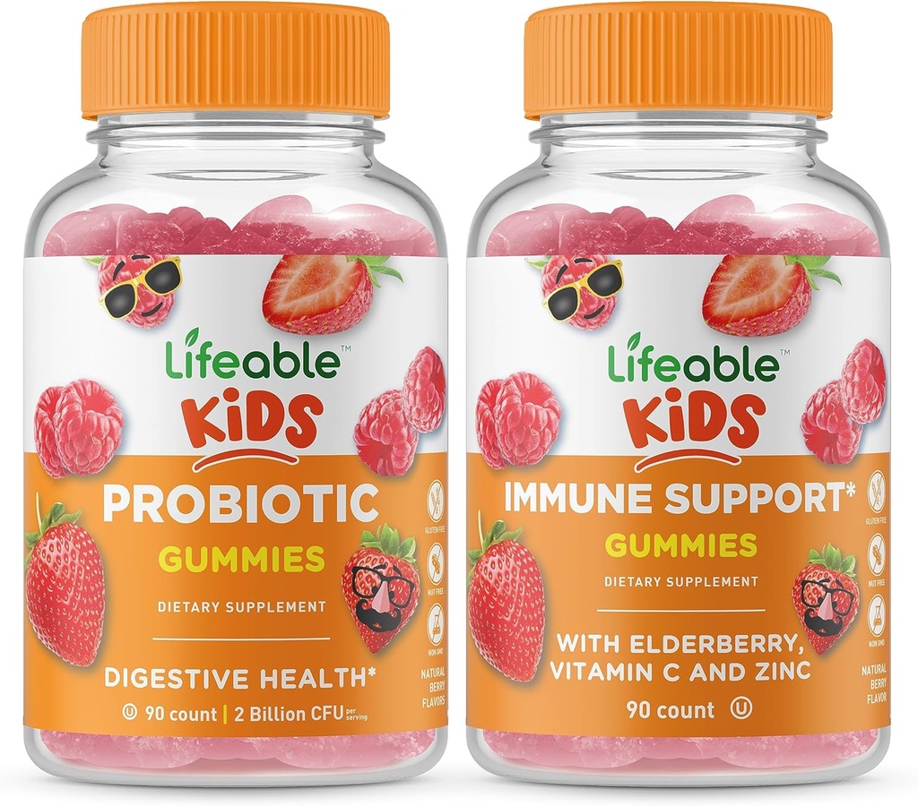 Življenjski probiotik 2 milijarda CFU Otroci + Imunska podpora Otroci, Gummies Bundle - odličen okus, Vitamin dopolnilo, Gluten brezplačno, GSO brezplačno, Žvečljivi Gummy