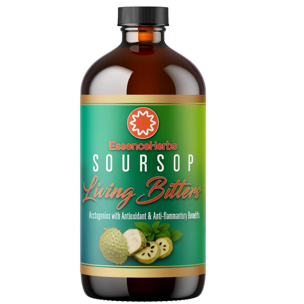 Essence Herbs Soursop Bitters Liquid for Digestive & Gut Support, Organski zeliščni dodatek s Soursop Leaf & Fruit, Moringa, Black Seme, Neem, Turmeric & Ashwagandha, 16 fl oz