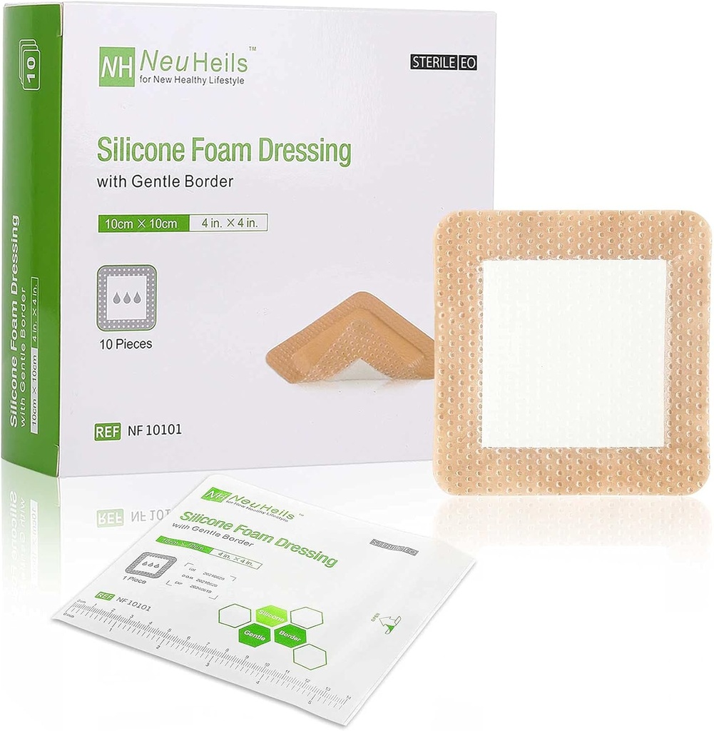 NeuHeils silikonski lepilni pena oblačenje z nežnim robom 4'x4' za posteljo boleče noge Ulcer 10 Pack, visoka absorbcija vodoodporna silicijeve rane Banda