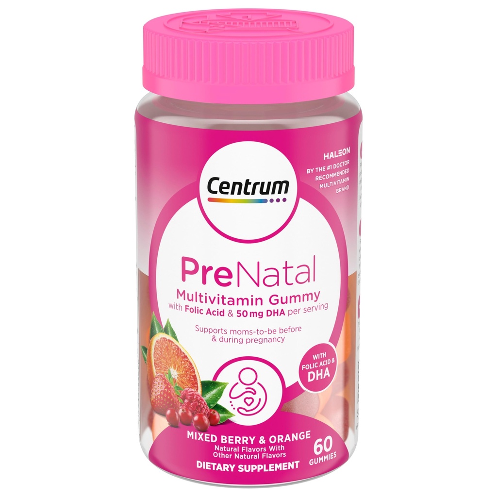 Centrum prednatalni multivitaminski gumi z DHA in folno kislino, mešanimi jagodnimi in pomarančnimi aromami - 60 Count, 30 Day Supply