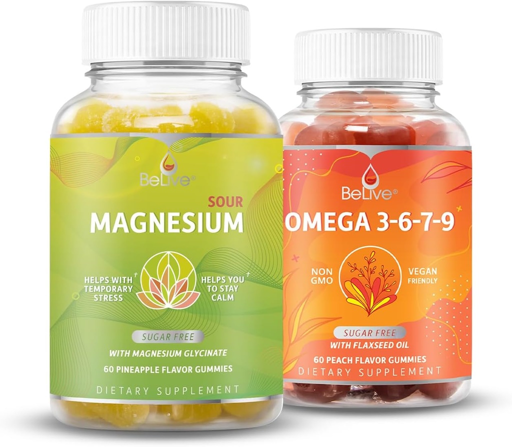 BeLive Magnezij GLycinate & Omega 3-6-7-9 paket za sprostitev, spanje, možgani, srce in Inmune sistem podpora