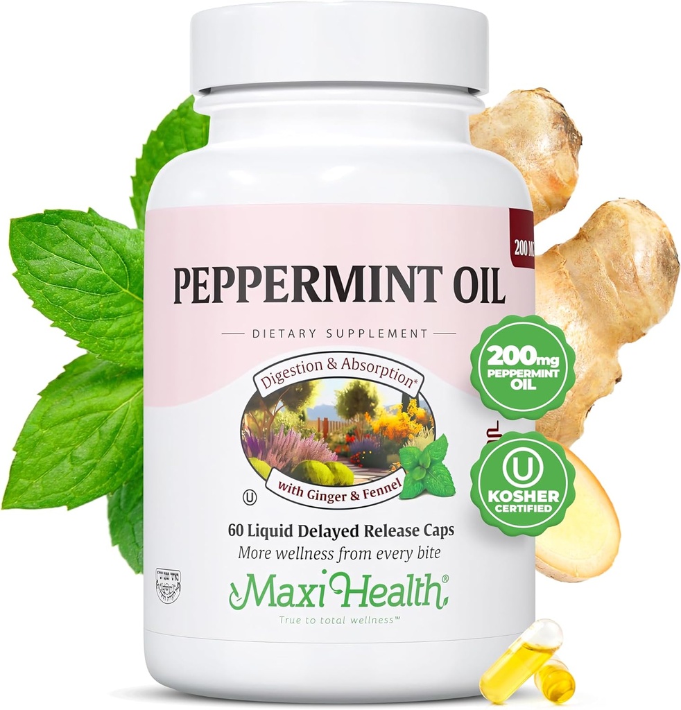 Maxi Health Peppermint Oil Kapsule – organsko ingverjevo olje in komarček Zapoznela release Kapsule – zaužita prehrana Košir Peppermint dodatek za digestivno podporo (60 Kapsule)
