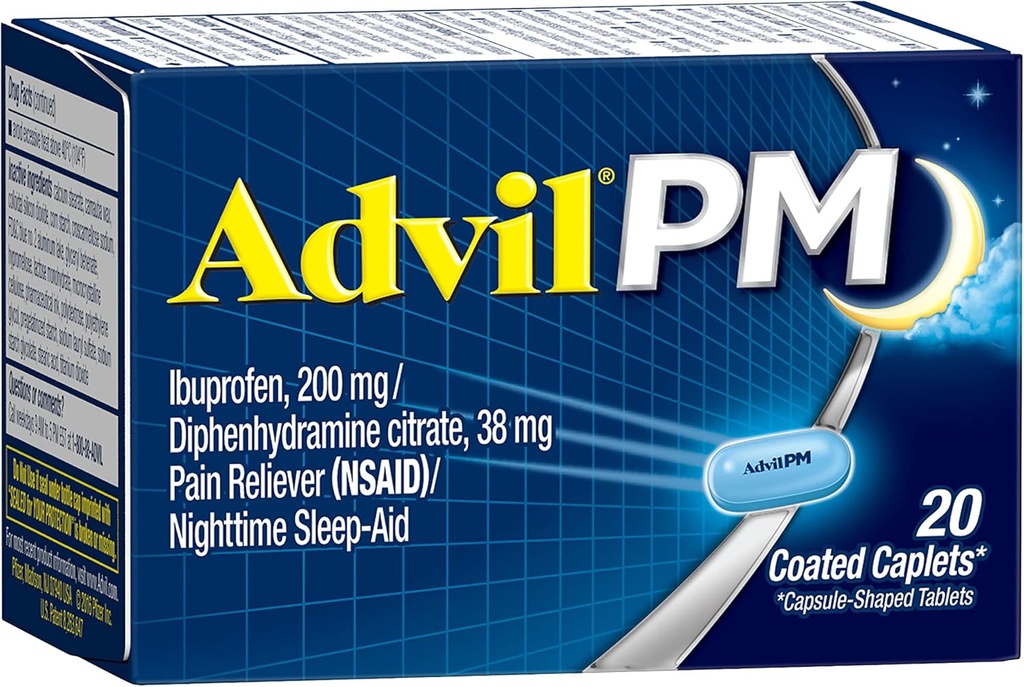 Advil PM (20 Count) Bolečina Reliever / Nighttime Aid Obložena Caplet, 200mg Ibuprofen, 38mg difenhidramin