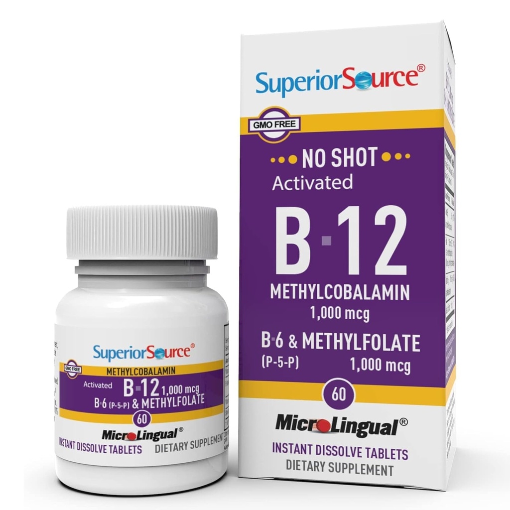 Superior vir No Shot Vitamin B-12 Metilkobalamin 1000 mcg, B-6, & Metilfolate 1000 mcg - Podpira energijo, možgane in zdravje srca - Bariatric prijazno - 60 Podjezično raztapljanje tablete