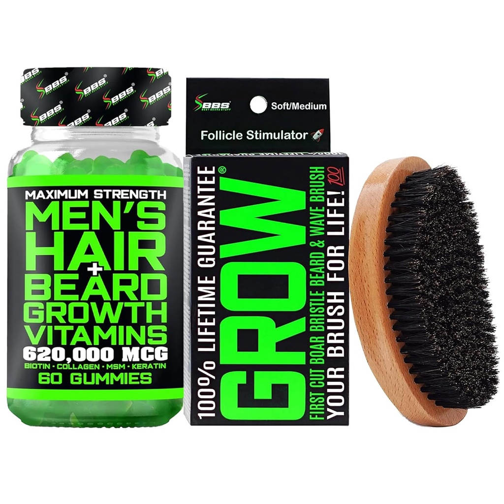 Komplet za rast brado w/ 620.000mcg 14- v-1 BIOTIN Gumies/Beard rast vitamini in rast las vitamini za moške + 100% življenjska zamenjava prvi cut Boar Brist Brush & 360 Wave Brush za moške