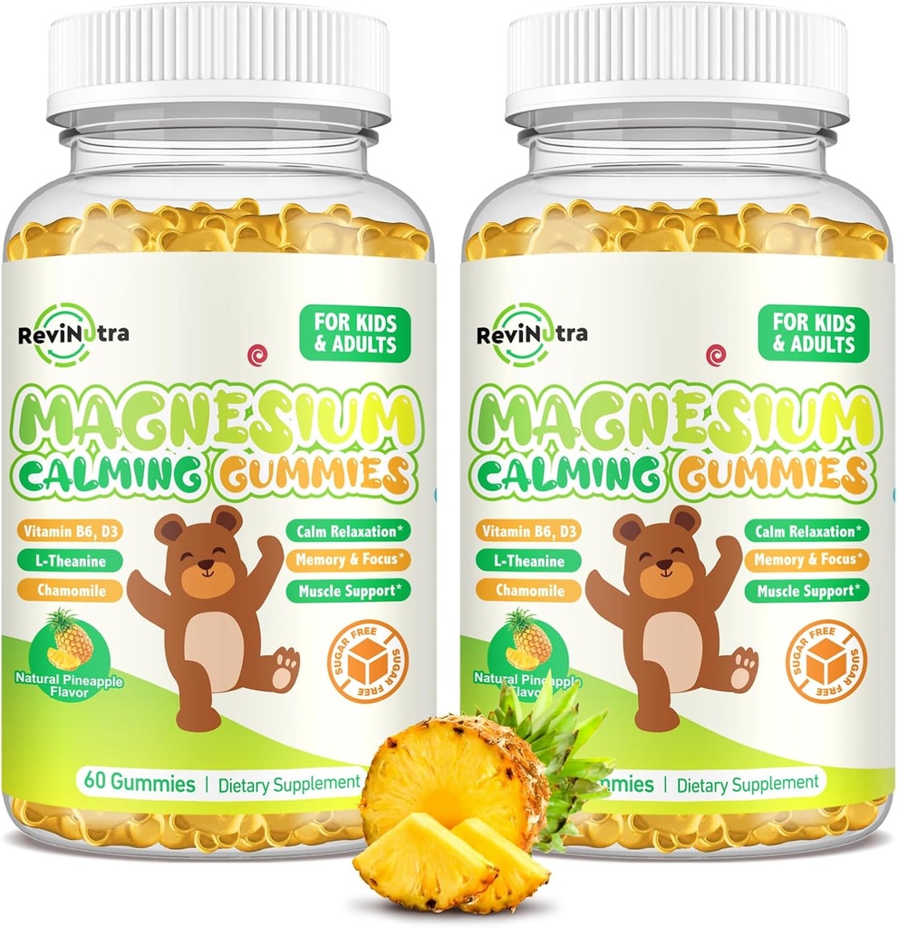 Magnezij Gumiji za otroke - Magnezij Glycinate Gumies dodatek z L-Theanin, Vitamin B6, D3 za odrasle & otroke, Calm Magnezij za spanje, Sprostitev, možgani, Bones, Sugar Free Ananapple 120ct