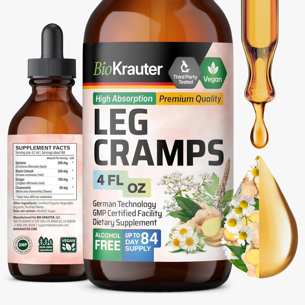 BIO KRAUTER Leg Cramps Tinkture s kinin - Ginger & Kamilice Tekoči izvlečki za noge Cramps - Naravni alkohol in sladkor brez formule - Veganske kapljice 4 Fl.Oz.