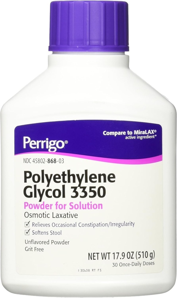 Perrigo polietilenglikol 3350 17,9 Oz (510gm) prašek (primerjaj z zdravilom Miralax)