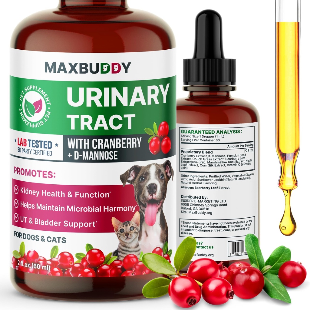 MaxBuddijeva naravna podpora za zdravljenje UTI - Cranberry Sein Tract Infection Care & Prevention Pomoč za mačke in pse – Ledvice & Bladder Wellness dodatek kapljice - Podpora za pretok urina