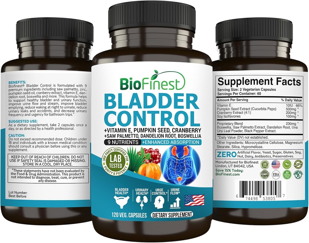 BioFinet Bladder Control Supplement za moške in ženske - 120 Veg. Kapsule - žaga Palmetto, brusnice, Bučno seme, Vitamin E, Boswellia, Dandelion Root - Sečnina Tract Bladder Zdravje - Izdelano v ZDA