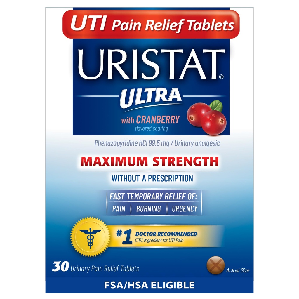 Uristat Ultra UTI bolečine Relief tablete, hitro uriniranje Tract Infekcija Olajšanje bolečine v urinu, pekoč občutek, urgenca, Največja jakost, Brusnično aromatizirana obloga, 30 tablet