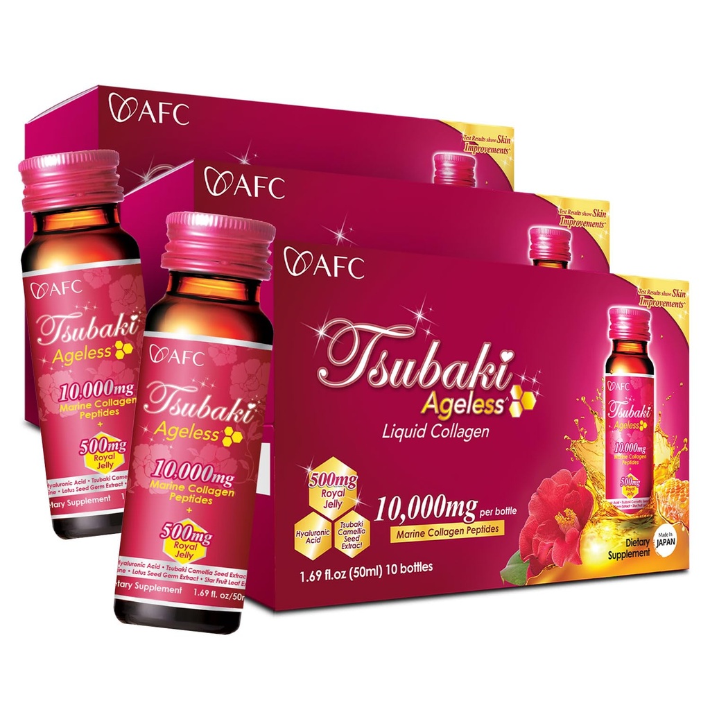 AFC Japan Tsubaki brezhibno lepotna kolagen pijača iz Japonske z 10.000mg marinski kolagen peptidi + 500mg kraljeva žele + hialuronska kislina + vitamin Bs & C za revitalizacijo kože 1,69fl.ozx10sx3