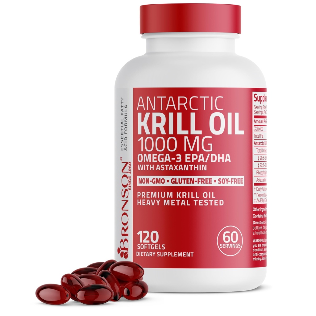 Bronson Antarktika Krill Oil 1000 mg z Omega-3s EPA, DHA, Astaksantin in fosfolipidi 120 Mehkužci