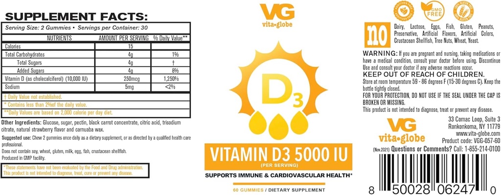 VITA GLOBE Vitamin D3 10.000IU 250mcg z cinkom in Echinacea Gummy - podpira zdrav imunski sistem, močne kosti, zobe in mišice, 120 število (Pack po 2)