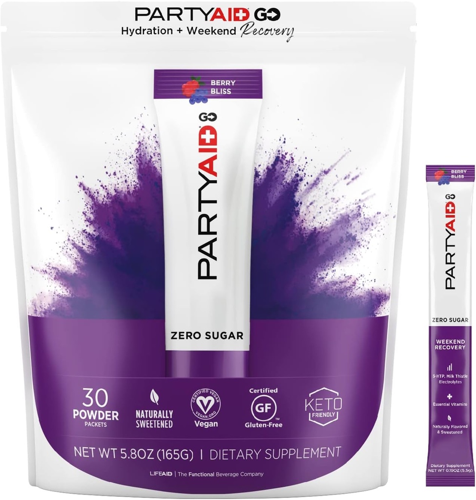 PARTYAID Go Se počutijo dobro nocoj in jutri, Zero Sugar, 5-HTP, B-kompleks, Mlečni osat, Elektroliti, Brez umetnih arom ali sladil, Caffeine-free, 30 Število (Pack od 1)