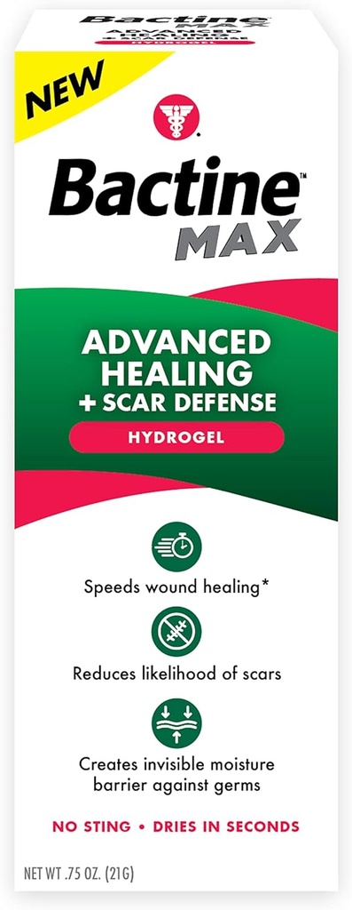 Bactine MAX Advanced Healing Hydrogel z Brazgotinsko obrambo - Hitrejše zdravljenje in prva pomoč Zaščita okužb z naravnimi sestavinami - Scar Prevention Gel - 0,75oz