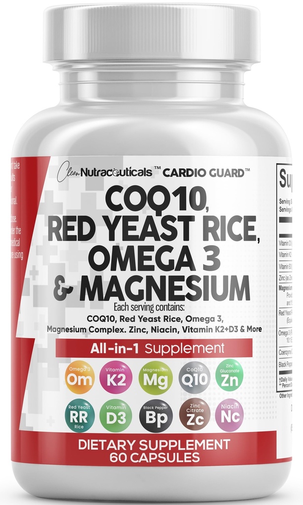 Čisti nutracevtiki COQ10 200mg Rdeči riž Omega 3 Magnezijev kompleks 500mg Niacin Cink Vitamin K2 D3 - Podpora za srce Vitamini za ženske in moške w/vitamin B3, koencim Q10-60 Ct