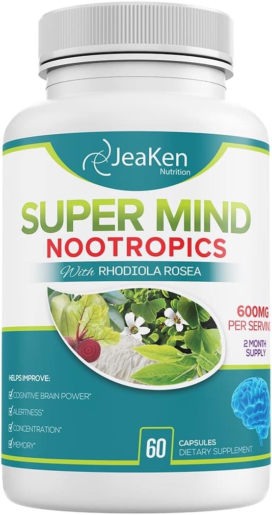 Super Mind - Nootropics Kognitivni pospeševalec - Brain Boost dodatek z naravnimi sestavinami - Bacopa Monnieri - Rhodiola Rosea - Ginkgo Biloba - Vitamin B12-60 Veganske kapsule Made in USA