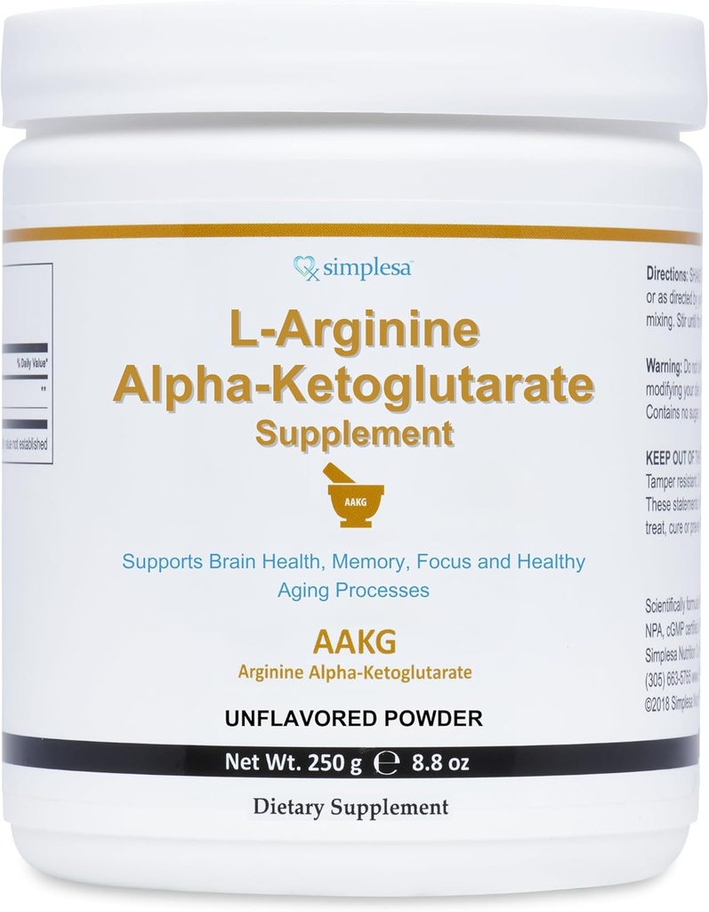 Simplesa AAKG Arginin prašek, L-arginin Alpha-Ketoglutarat dodatek, 2000mg na strežbo, podpira zdravje možganov, spomin, fokus in zdravo staranje procesov, 250g prahu dodatek