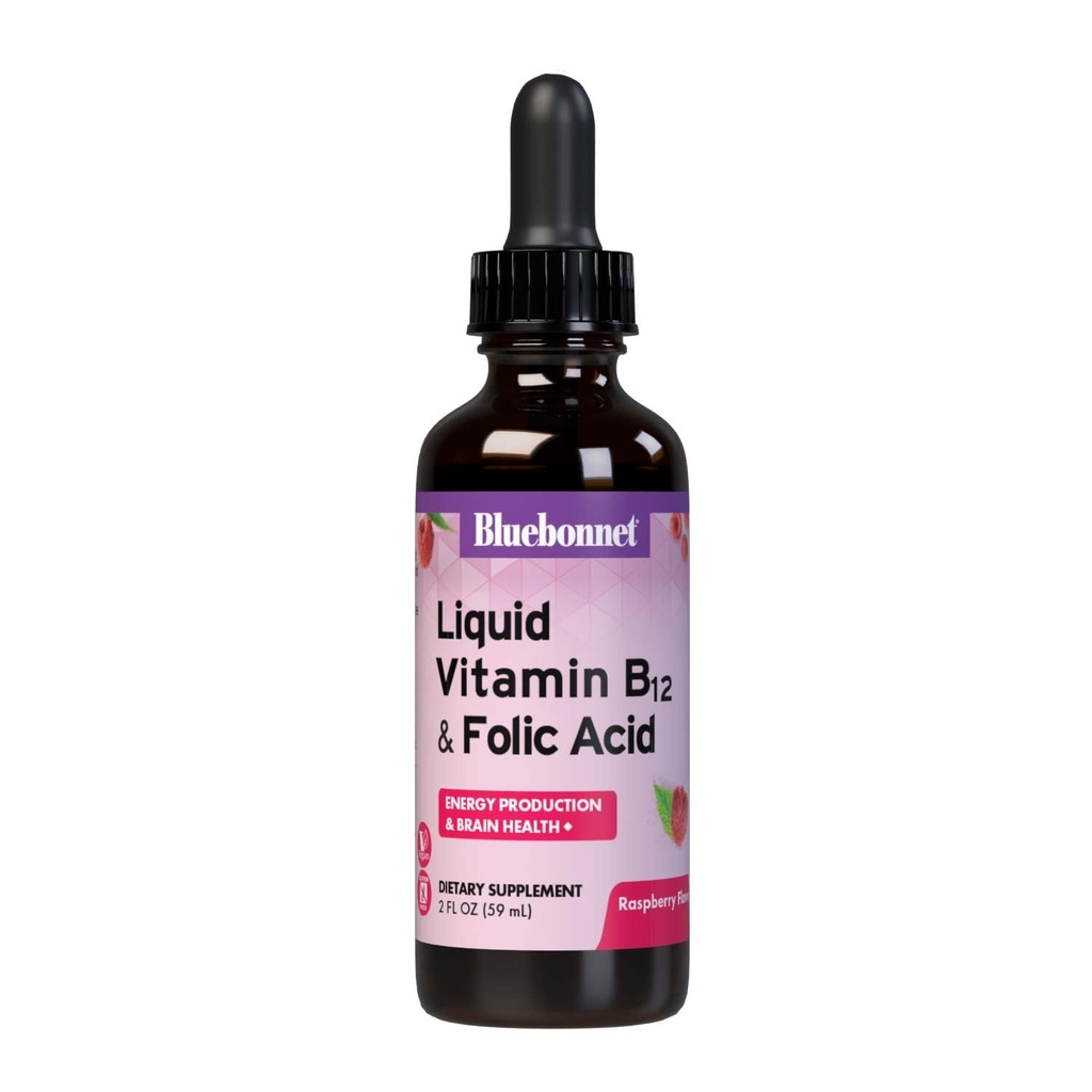 Bluebonnet Nutrition Tekoči vitamin B12 & Folna kislina, za energijsko okrepitev*, brez soje, brez glutena, brez mleka, vegan, 400 mcg folne kisline in 1000 mcg vitamina B12 na postrežbo, 2 fl oz, 59