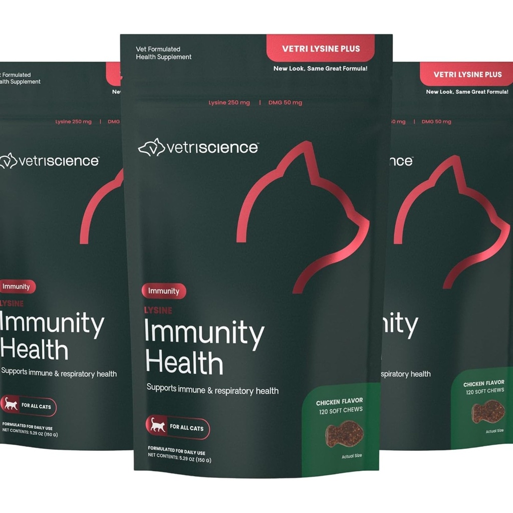 VetriScience Lysine Immunity Health Chews, 250 mg Lysine Plus Imunski dodatek za mačke in mucke z alergijami, Sneesing, Runny Nose in Watery oči, Chicken, 3 Pack