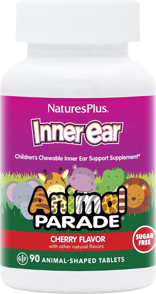 Natures Plus Živalska parada Notranja podpora za ušesa Otroška žvečljiva - naravna češnjeva aroma - 90 Animal-Shaped tablete - Probiotic dodatek - Gluten Free - 45 Serving