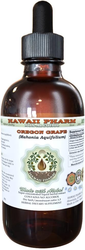 Havaji Pharm Oregon Grozdje brez alkohola Tekoči ekstrakt, Oregon Grozdje (Mahonia aquifolium) Suhi koren Glicerit Naravni zeliščni dodatek, ZDA 2oz