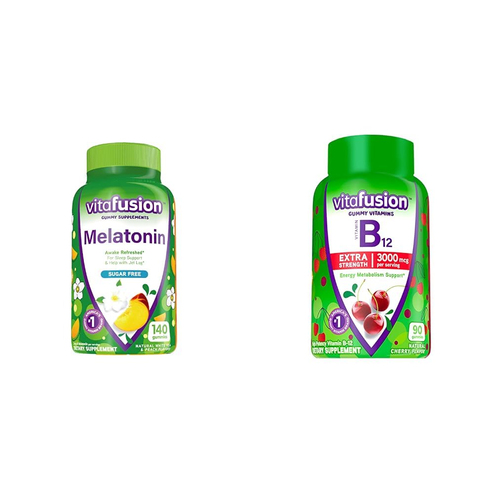 Vitafusion Melatonin 140 Število in vitamin B12 Gummy Vitamini, 90 Grof Cherry Okus za energijo Presnova in Živčevje Podpora