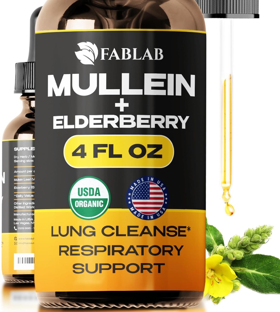 FabLab Mullein Leaf Extract z Elderberry 4 Fl Oz - Izdelano v ZDA - Kapljice za boljše Lung - Mullein Tinkture za Lung Detox - Bronhialno čiščenje za kadilce - Respiratorni zeliščni dodatek