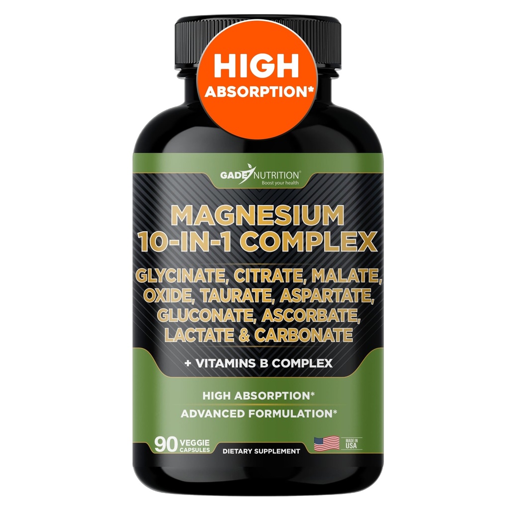 Gade Nutrition Magnezium Complex 10 v 1 - Glicinat, Citrat, Malat, Oksid, Taurat, Aspartat, Glukonat Askorbat Laktat Karbonat Cinkov mangan in vitamini (90 število (Pack of 1))