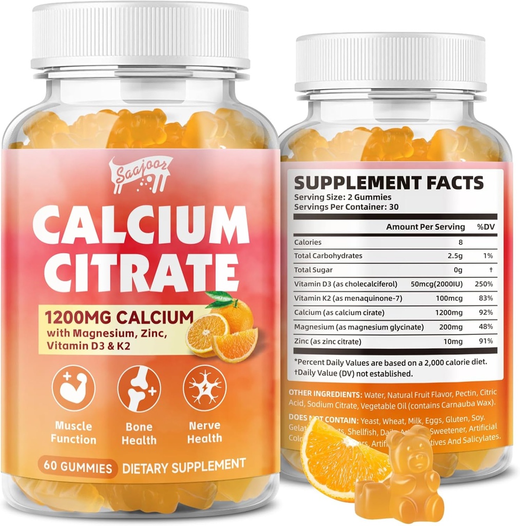 Kalcijev citrat Gumies 1200 mg z vitaminom D3, K2, magnezij, cink, kostna podpora za kosti, mišice in sklepe, imuniteta in spomin podpora, 60 Count