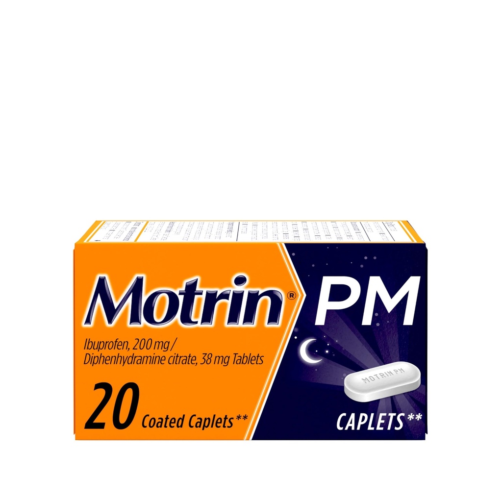 Motrin PM Pain Relief Caplets z 200 mg Ibuprofen & 38 mg Difenhidramin Pomoč za spanje, nočna bolečina Reliever za manjše bolečine in bolečine pomaga zaspati in ostati zaspan, 20 ct