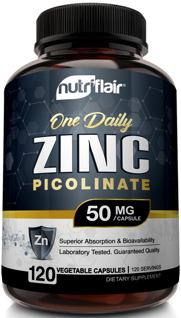NutriFlair Cinkov pikolinat 50 mg, 120 kapsul - največja absorpcija Cinkove dodatne tablete - Imunski sistem Booster, Imunity Defense, Močni ne-GMO antioksidant - Primerjaj z glukonat, Citrat, oksid