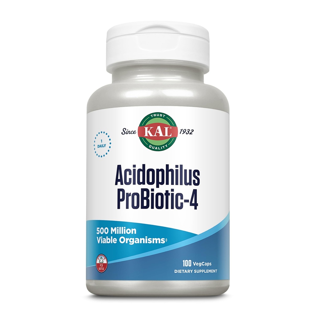 KAL Acidophilus ProBiotic-4, 500 milijonov CFU, štirje probiotični sevi, probiotiki za ženske in moške, zamrznjeni posušeni, L. acidophilus, L. bulgaricus, S. termophilus, B. bifidum, 100 servingov, 100 VegCaps