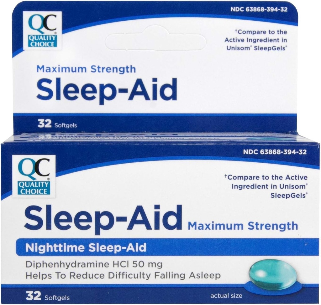 Izbira kakovosti Max Strength Sleep Aid, Night Time Aid Difenhidramin HCI 50 mg, Nenavadno oblikovanje za občasno nespečnost, Enostavno pogoltniti softgels, 32 Count steklenica