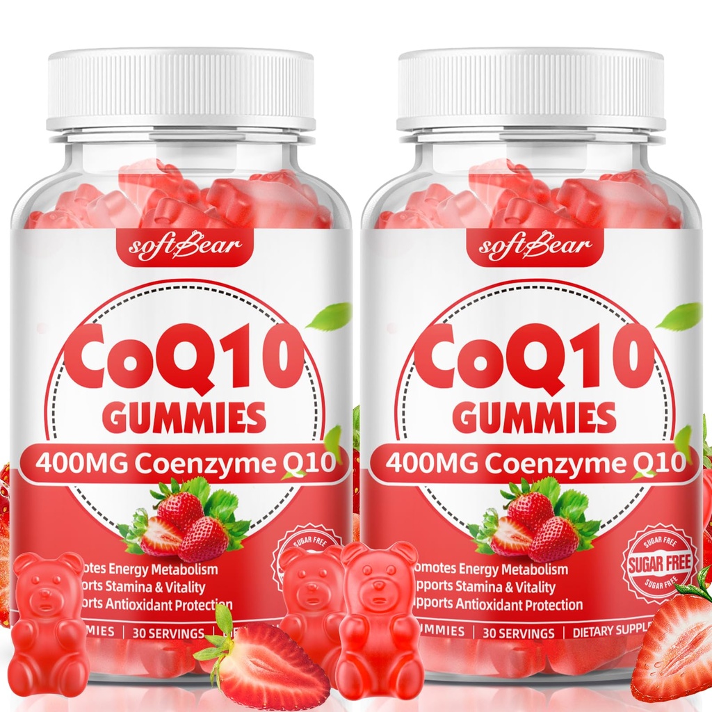 softbear CoQ10 Gumies 400mg koencim Q10 dodatek za odrasle, visoka absorpcija coq10 Plus omega-3, magnezij, vitamin B3 & cink za celično energijo in antioksidant, jagodni okus 120
