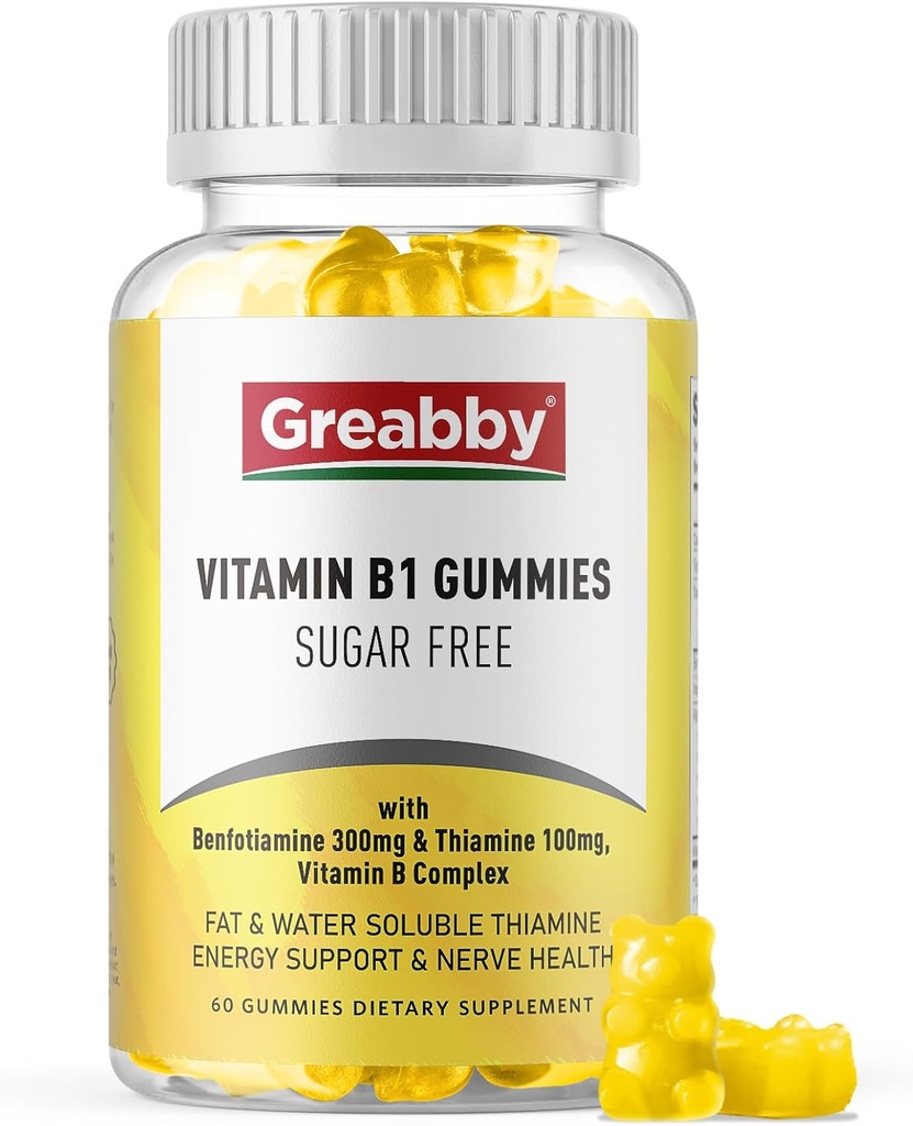 Vitamin B1 Gumies - Benfotiamin 300mg & tiamin 100mg, brez sladkorja, vitamin B kompleks žvečljivi dodatek, Energy Boost & živčni sistem zdravje za ženske, 60 Gumies