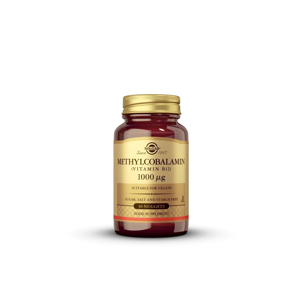 Solgar metilkobalamin (Vitamin B12) 1000 mcg, 30 Nugges - podpira energetsko presnovo - telo pripravljeno, aktivna oblika B12 - vitamin B - ne gensko spremenjeni organizmi, vegan, gluten, brez mleka, Košir - 30 postrežbe