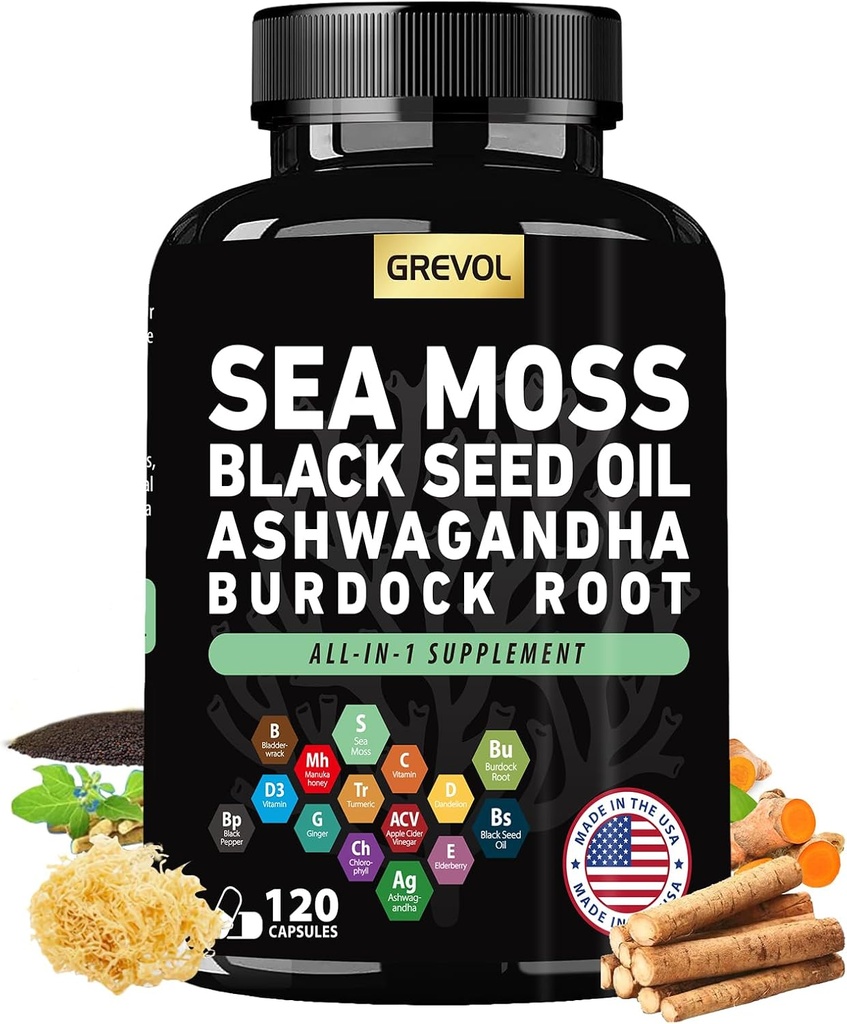 Kapsule Sea Moss z Ashwagandha črnim oljem Bladderwrack korenovke & vitamin C D3 Elderberry ACV črna paprika - multimineralni dodatek - 120 Count