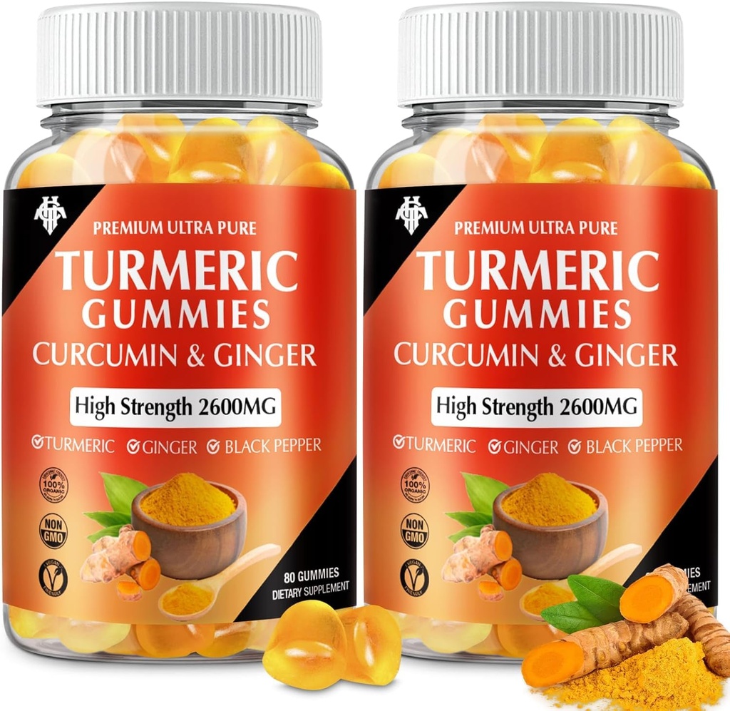 Kurkumin Gumi z Ginger & Black Pepper Vegan Pectin Formula za imuno boost, zdravo kožo in skupno podporo žvečljivi dodatek za odrasle in najstnike (2-Pack)