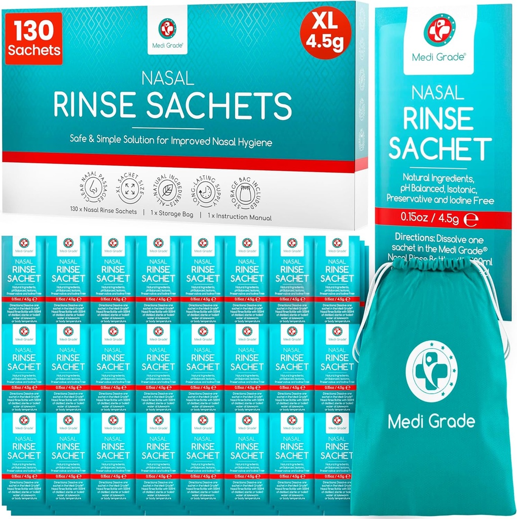 Medi stopnja Sinus Rinse Packets – Nasal Izpiranje Essentials Komplet 130 x Sol Packets in Priročno shranjevanje vrečke - Uživajte naporno Nasilje nos doma ali na Go z našimi Neti Pot Sol Packets