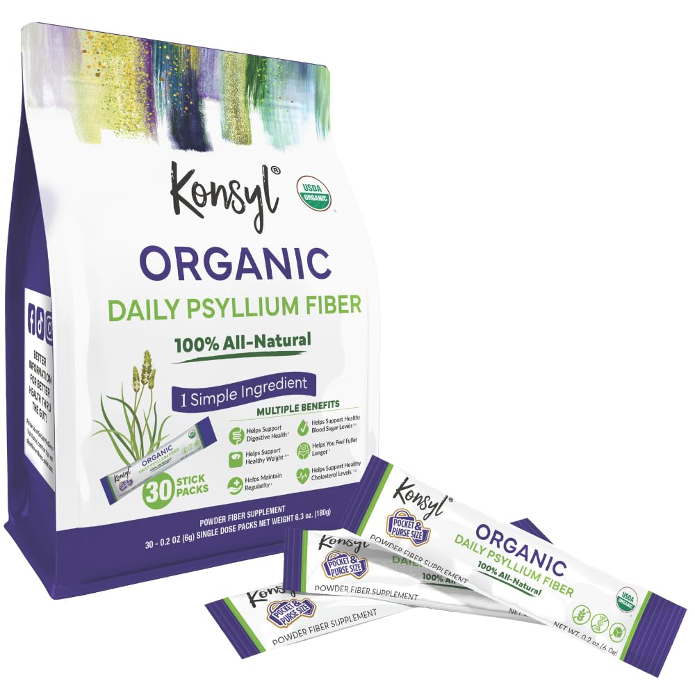 Konsyl Organic Daily Psyllium Fiber Packs - On-The-Go Fiber dodatek v prahu - Priročno, vse-naravni topen Fiber, Gluten-free & Sugar-free, Vegan & Keto - 30 Packets