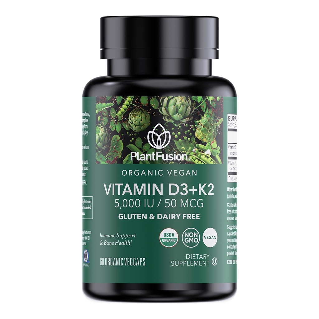 PlantFusion Organic Vegan Vitamin D3 + K2 5000 i.e., 50MCG – Vitamin D, pridobljen iz rastlinskih lichenov in vitamina K2, za imuno podporo in zdravje kosti - 60 kapsul