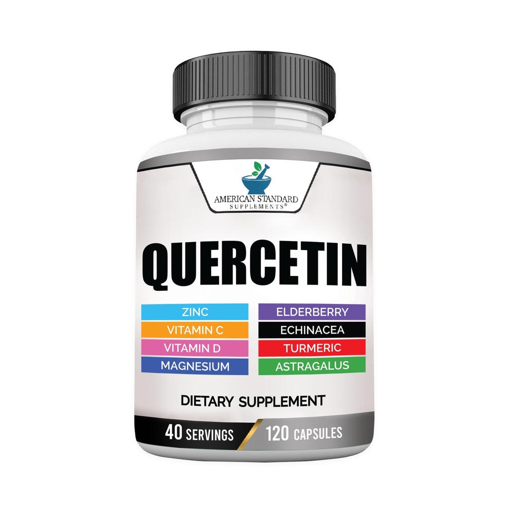 Ameriški standardni dodatki Quercetin 1000mg na strežbo z cinkom, vitamin C, vitamin D3, Magnezij, Bezgove jagode, Echinacea, Kurkuma, Astragalus - Gluten prosti, ne-GMO, 120 Kapsule, 40 Serving