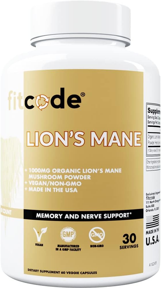 fitcode Ekološki lev Mane Gobe dodatek - Levje Mane gobe Kapsule Nootropics Brain Support dodatek za Focus Memory Claritete in Immunitete Podpora Lev je Mane dodatek